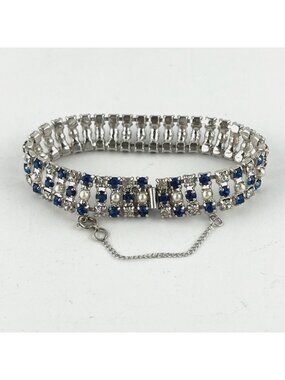 Vintage B David Blue and Clear Rhinestones Silver Tone Bracelet 1/2" W x 6 3/4 L
